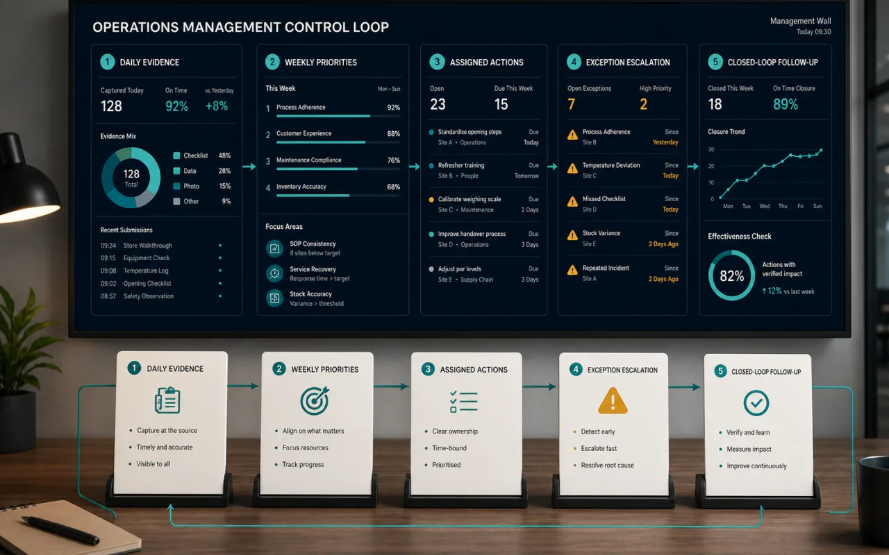 Operations management control loop from evidence to follow-up