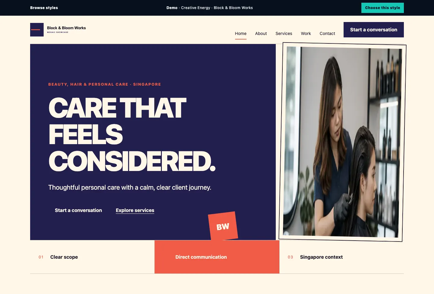 Block & Bloom Works Mosaic Showcase website preview
