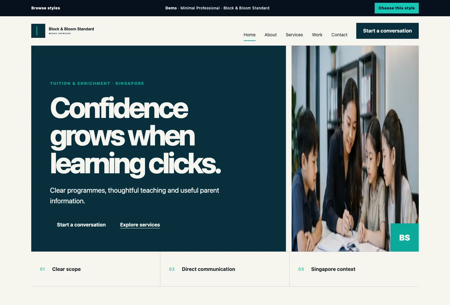 Block & Bloom Standard Mosaic Showcase website preview