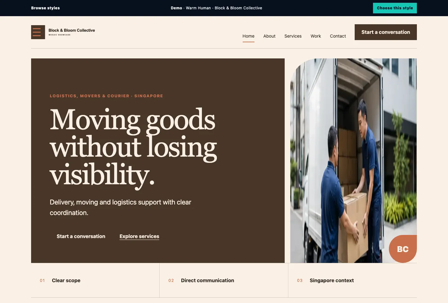 Block & Bloom Collective Mosaic Showcase website preview