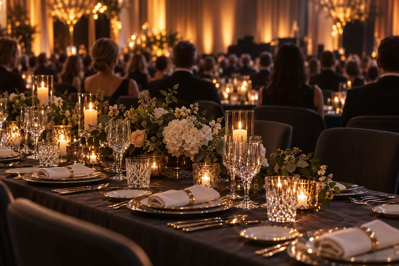 Illustrative seated wedding dinner in a ballroom: candlelit round tables with guests at the tables