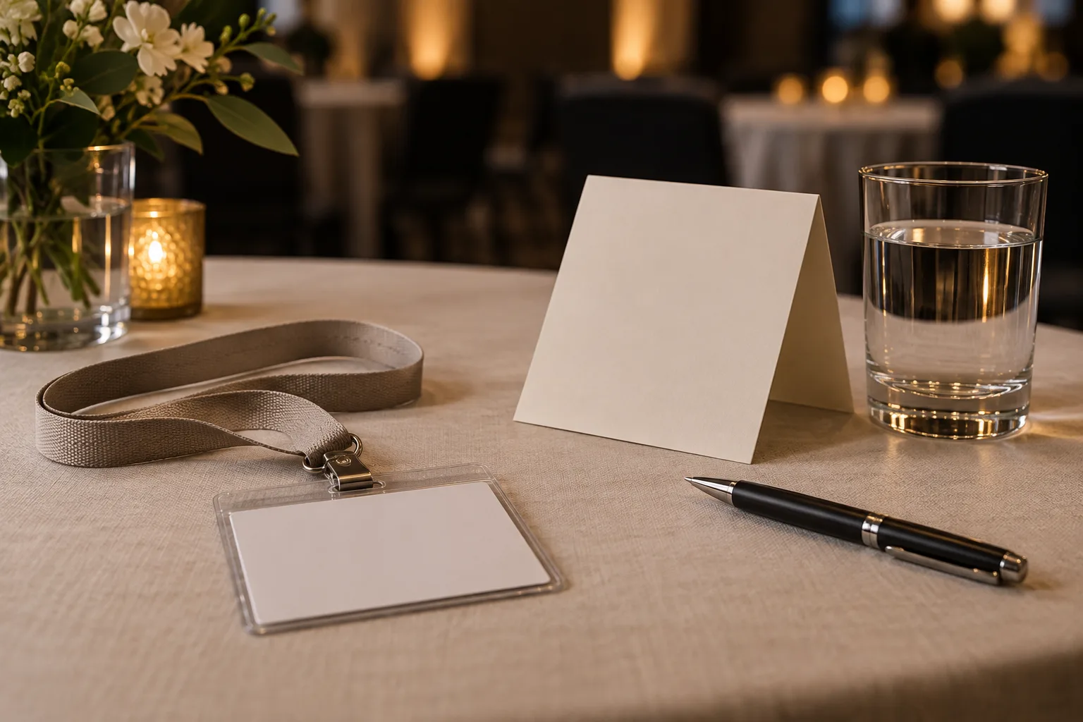 Illustrative detail of a conference table with a blank name badge, a blank tent card and a glass of water