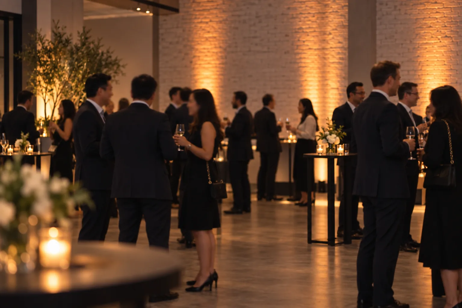 Illustrative awards night reception in a museum atrium: guests standing with drinks beside a candlelit table