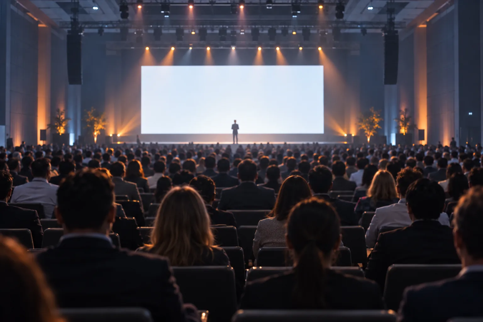 Illustrative conference plenary in a hotel ballroom: rows of delegates facing a wide screen and a lectern
