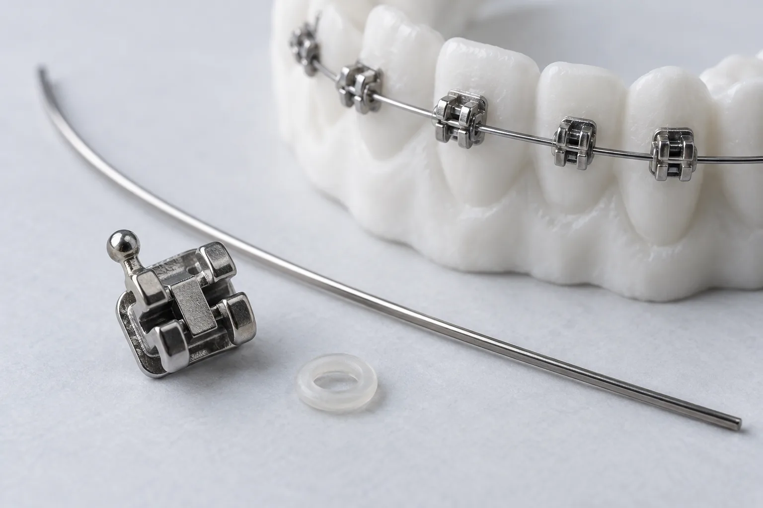 Illustrative stainless bracket, length of archwire and ligature tie beside a bracketed white dental arch model
