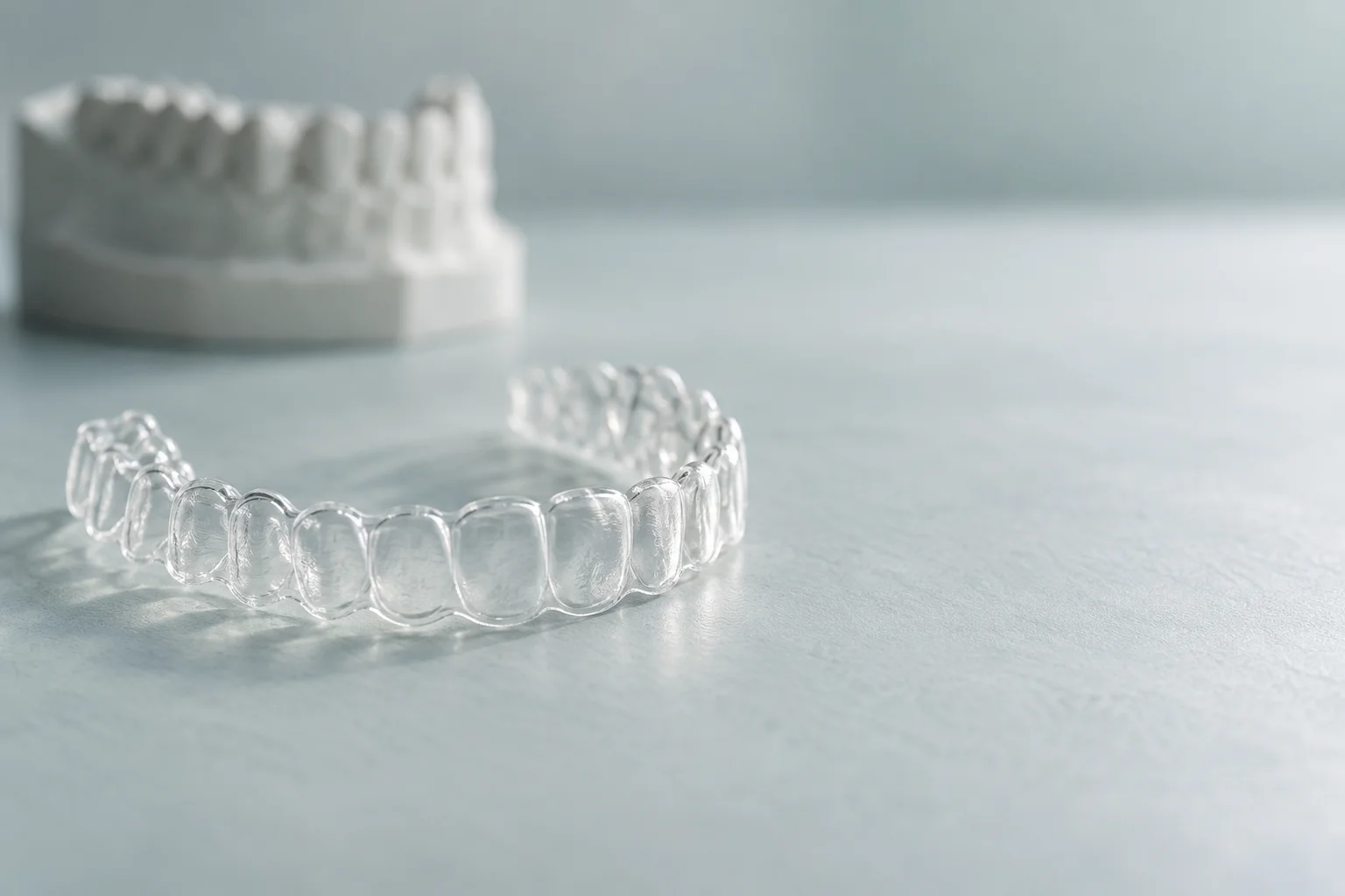 Illustrative orthodontic tray with an aligner, a printed model and unmarked measurement calipers on a pale surface