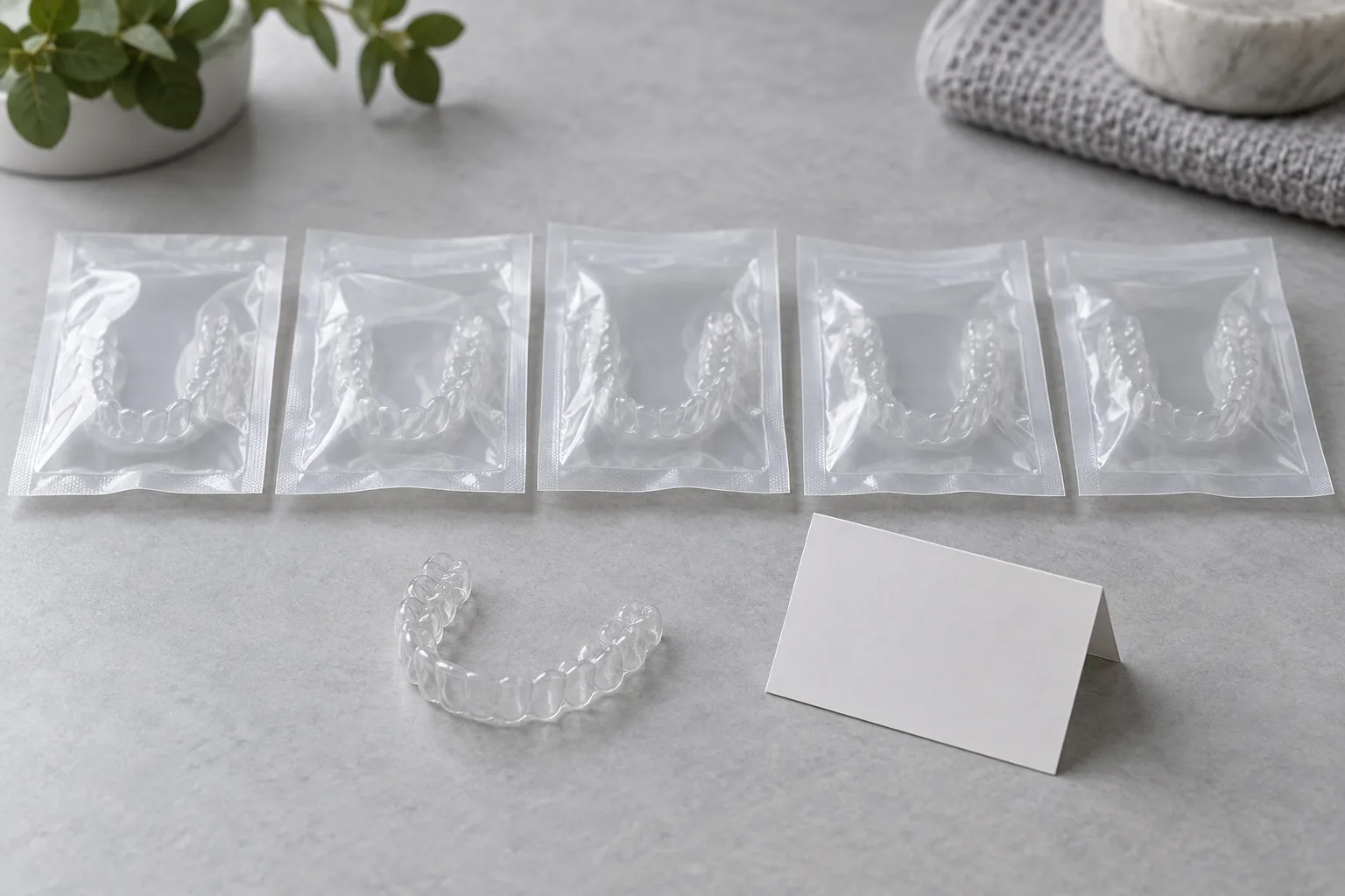 Illustrative row of sealed clear aligner pouches in sequence with one clear aligner resting in front of them