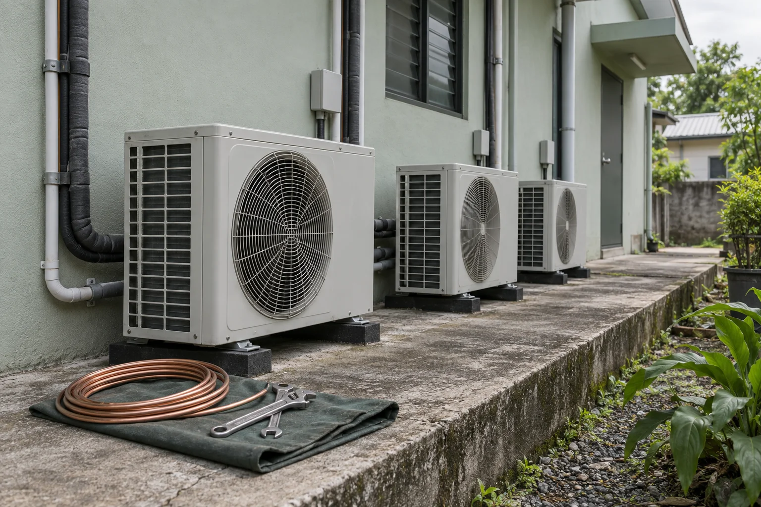 Illustrative row of plain unmarked condenser units on a service ledge with insulated pipework and a coil of copper pipe