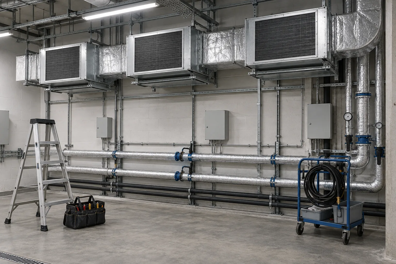 Illustrative commercial plant room with a row of ducted units, insulated pipework, a step ladder and a service trolley