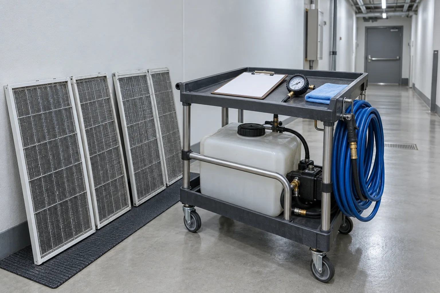 Illustrative maintenance trolley with a cleaning tank, a coiled hose, mesh filters drying and a clipboard