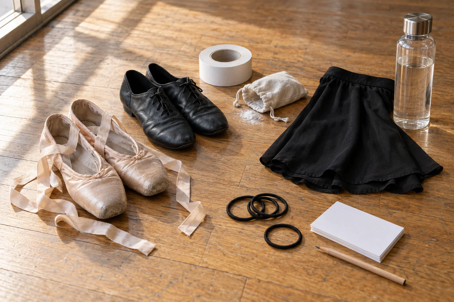Illustrative ballet and jazz shoes, floor tape, a rosin bag, a folded practice skirt and a water bottle on an oak studio floor