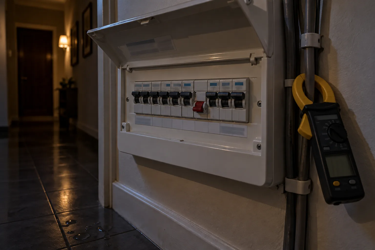 Illustrative attendance: a distribution board with one breaker left down and a clamp meter on the cable