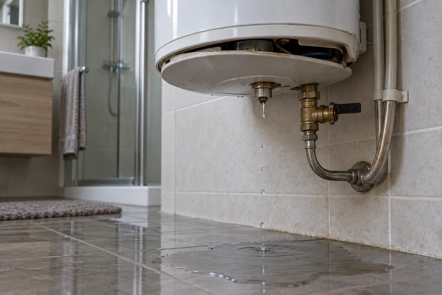 Illustrative detail study: a wall-mounted water heater with its cover ajar and a slow drip at the bottom connection