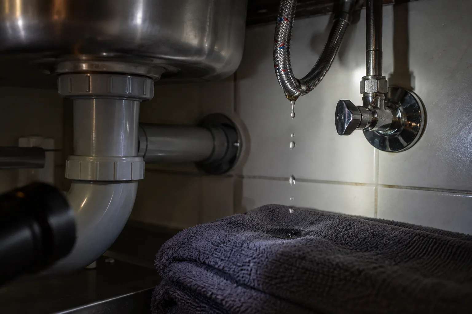 Illustrative night attendance: a flexible hose under a kitchen sink with the angle valve shut and a towel below