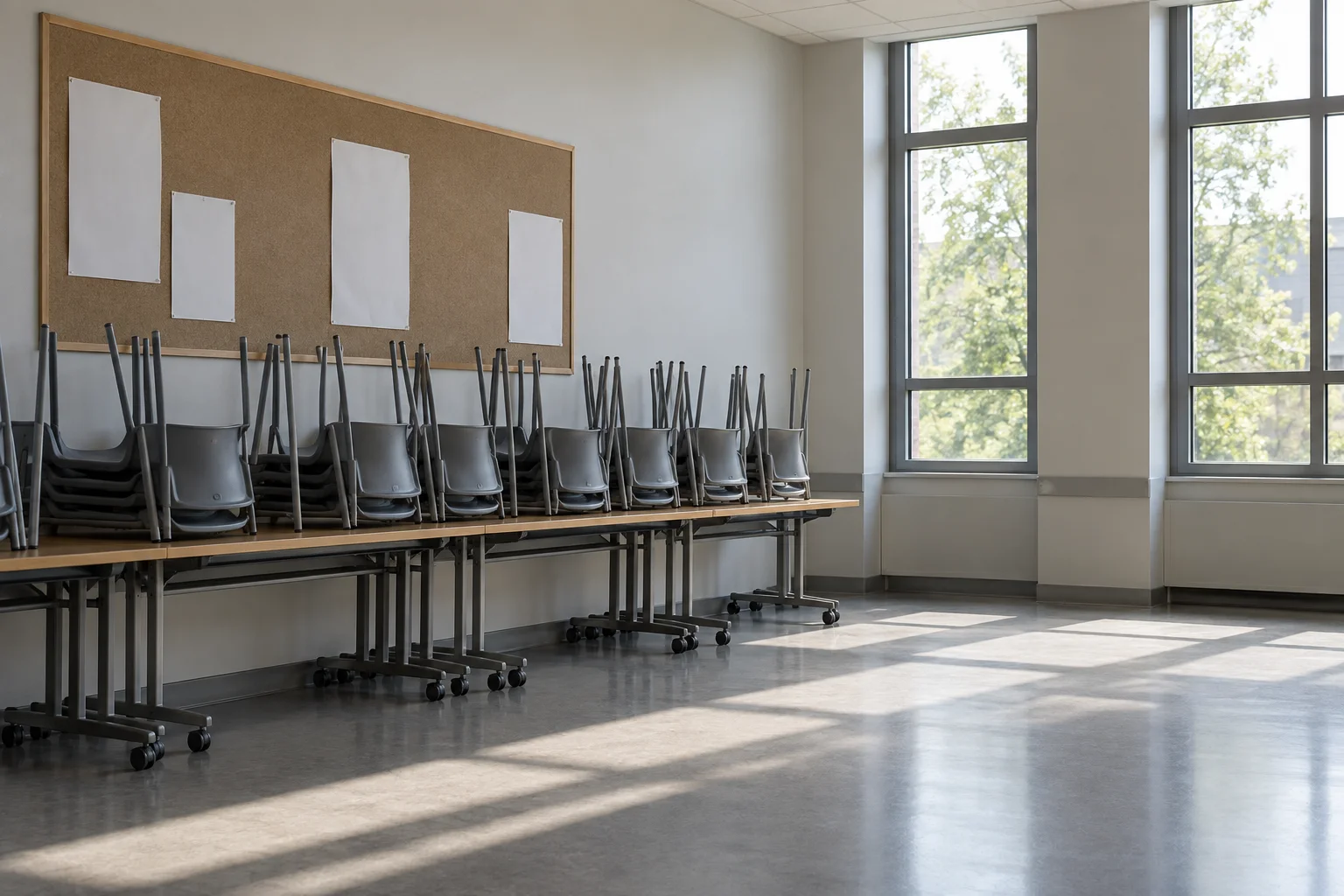 Illustrative camp hall with stacked folding tables and chairs along a plain wall and a blank noticeboard in daylight