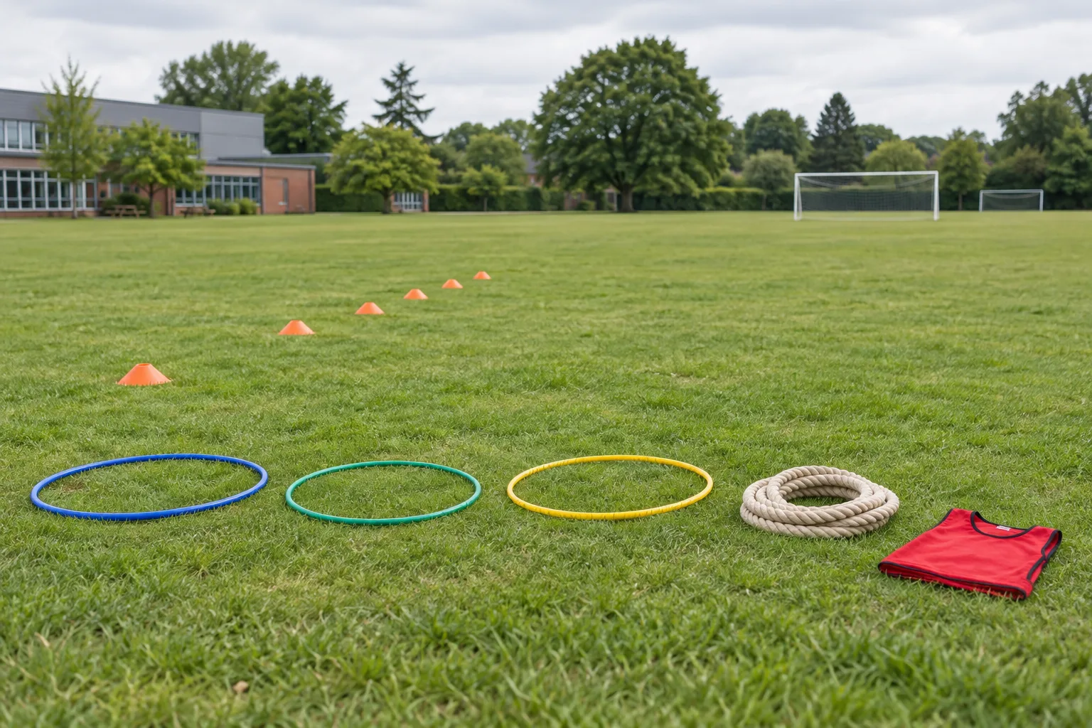 Illustrative school field set up for a camp day with marker cones, hoops and a folded bib on the grass