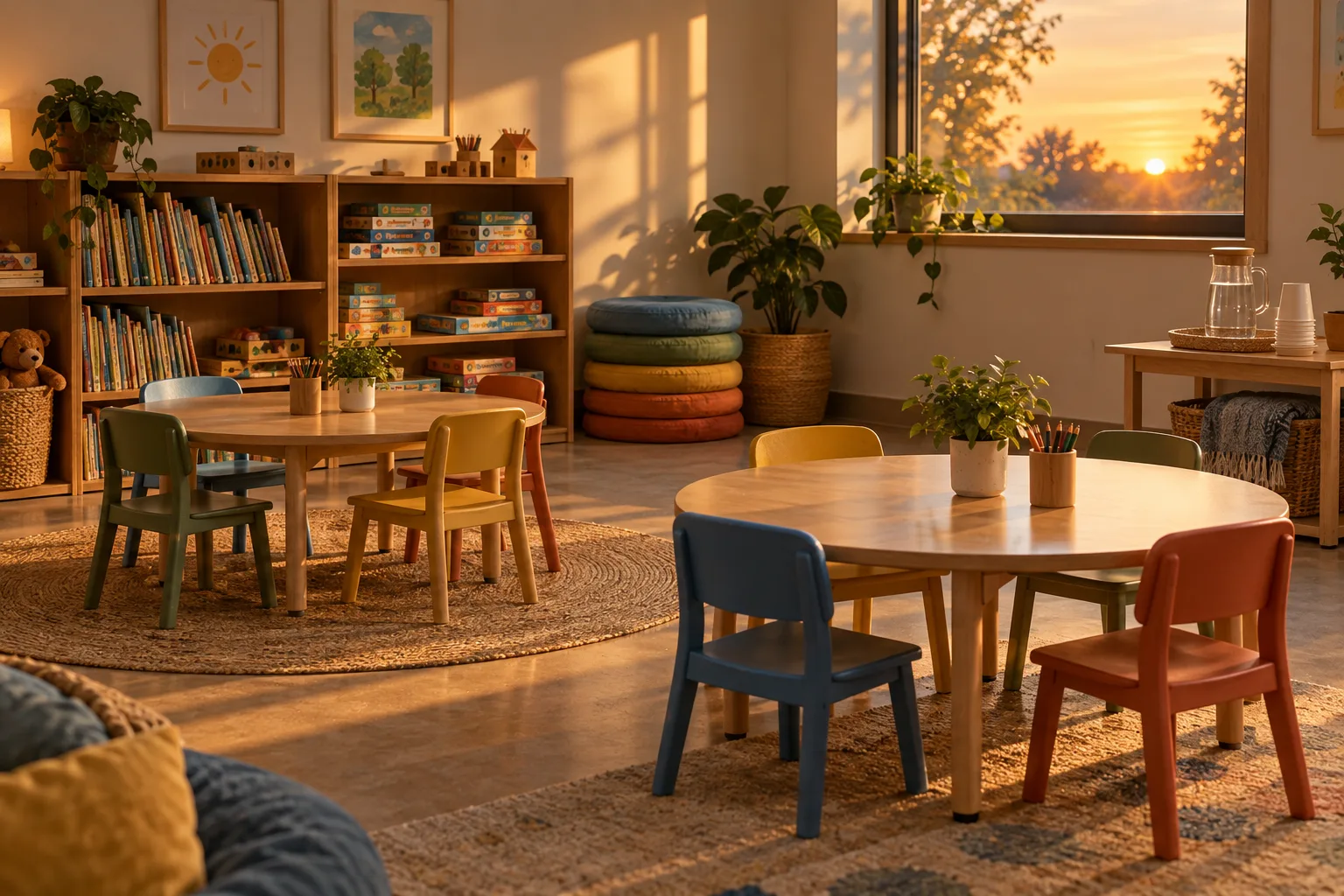 Illustrative quiet room at the end of the camp day with low tables, a shelf of books and stacked floor cushions in evening light