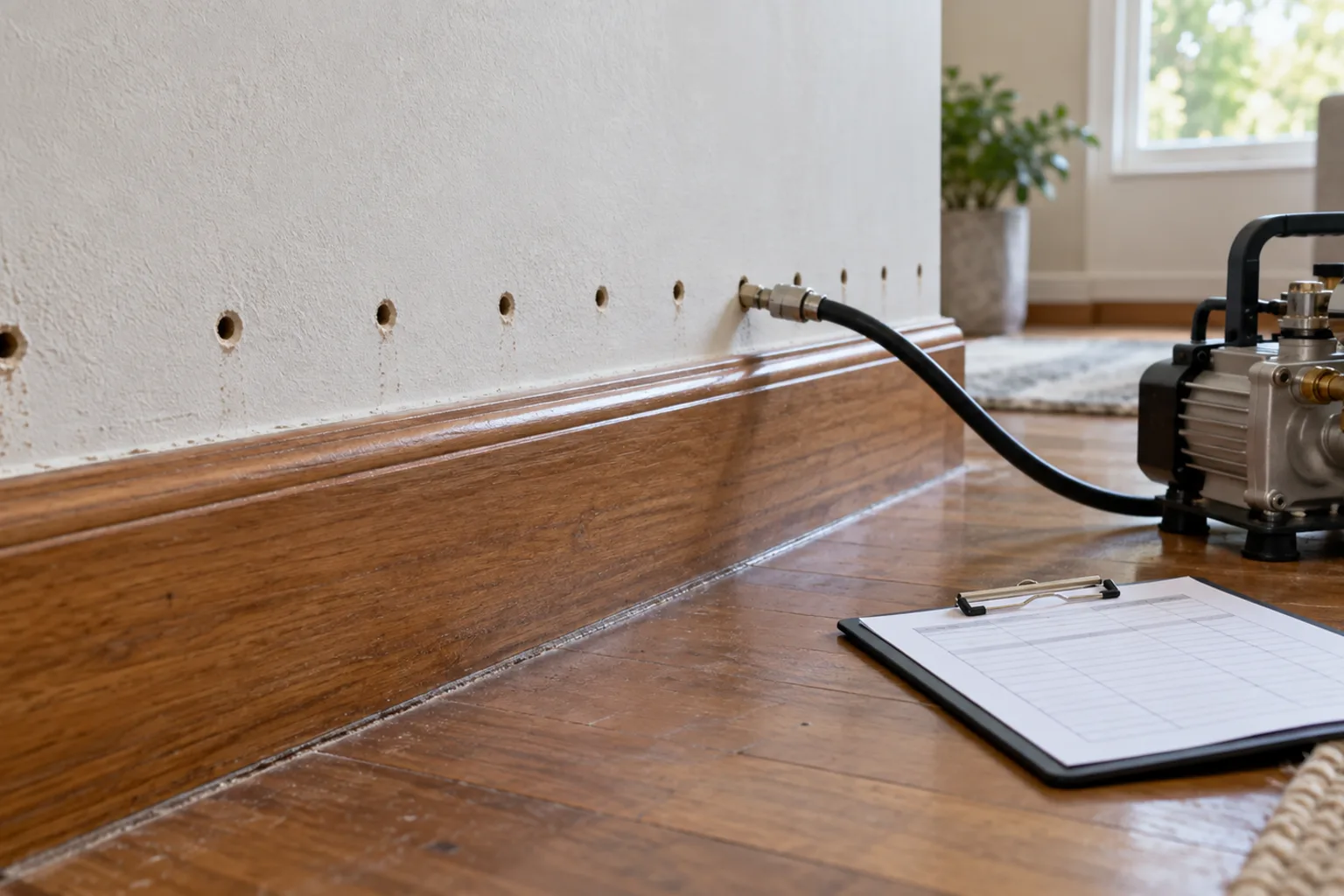 Illustrative corrective termite treatment inside a unit: a neat line of injection ports above a timber skirting, treatment hose and pump beside a blank record sheet