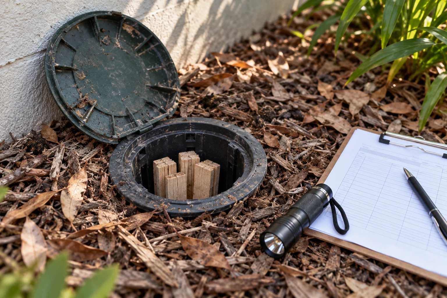 Illustrative termite monitoring station with its lid open, timber bait visible and an inspection record beside it in a planter bed