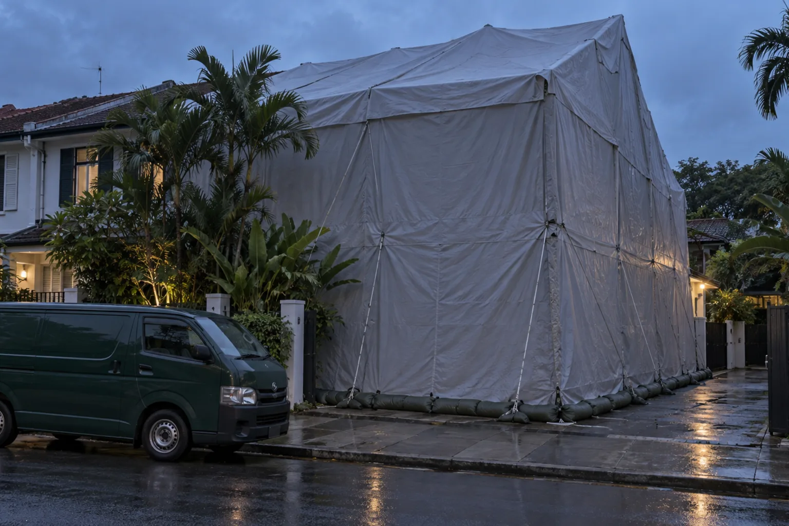 Illustrative two-storey terrace house fully covered by a fumigation tent at dusk, ropes and sand snakes holding the skirt, a plain service van at the kerb