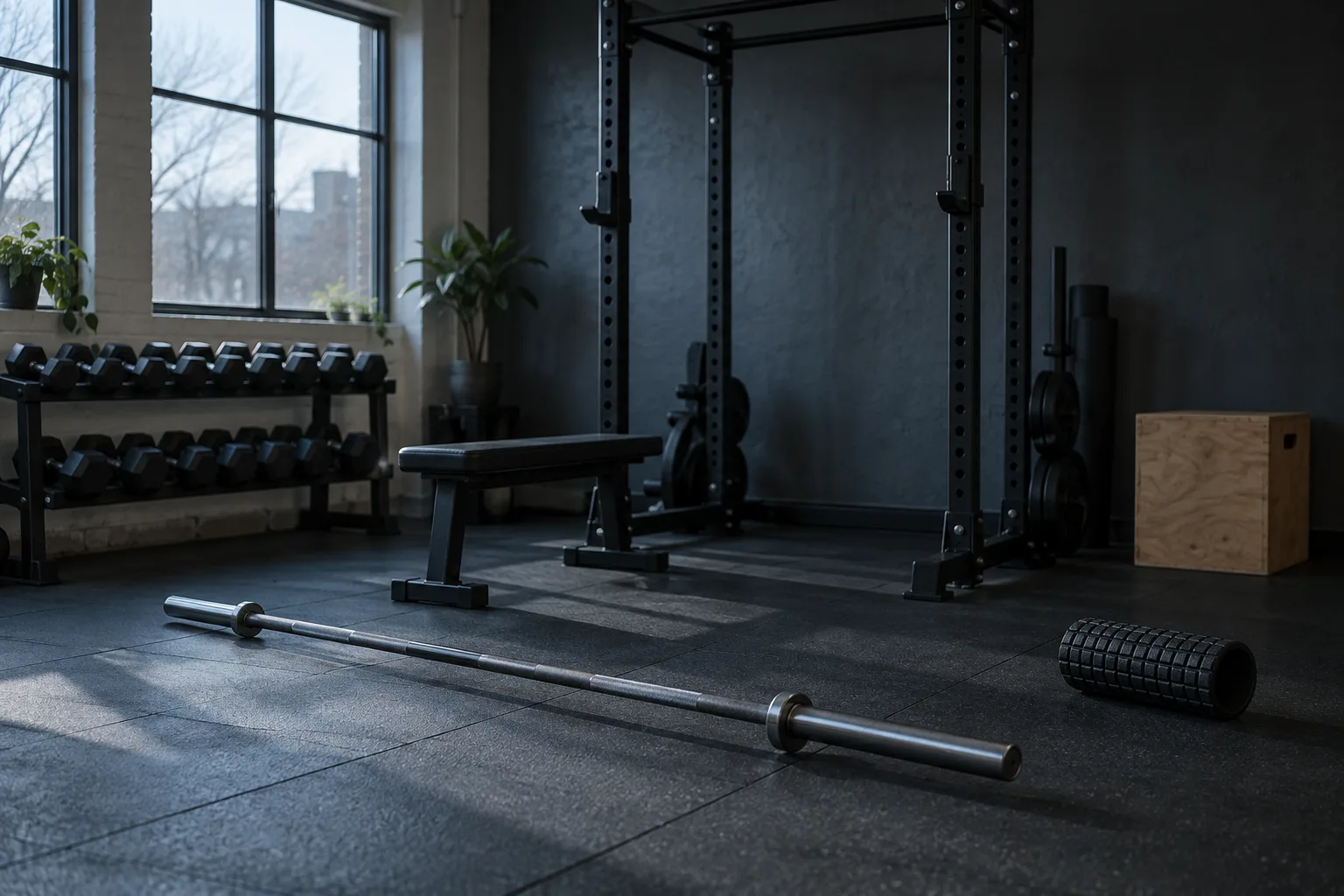 Illustrative assessment room with a power rack, an unloaded bar, a bench and a dumbbell rack before a first session