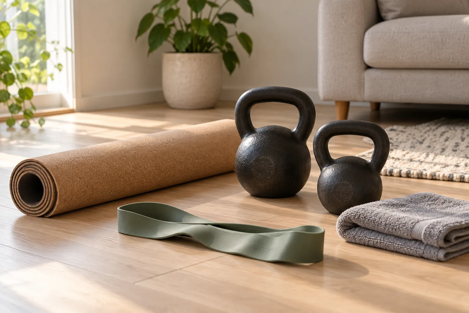 Illustrative home training corner with a rolled mat, two kettlebells, a resistance band and a folded towel