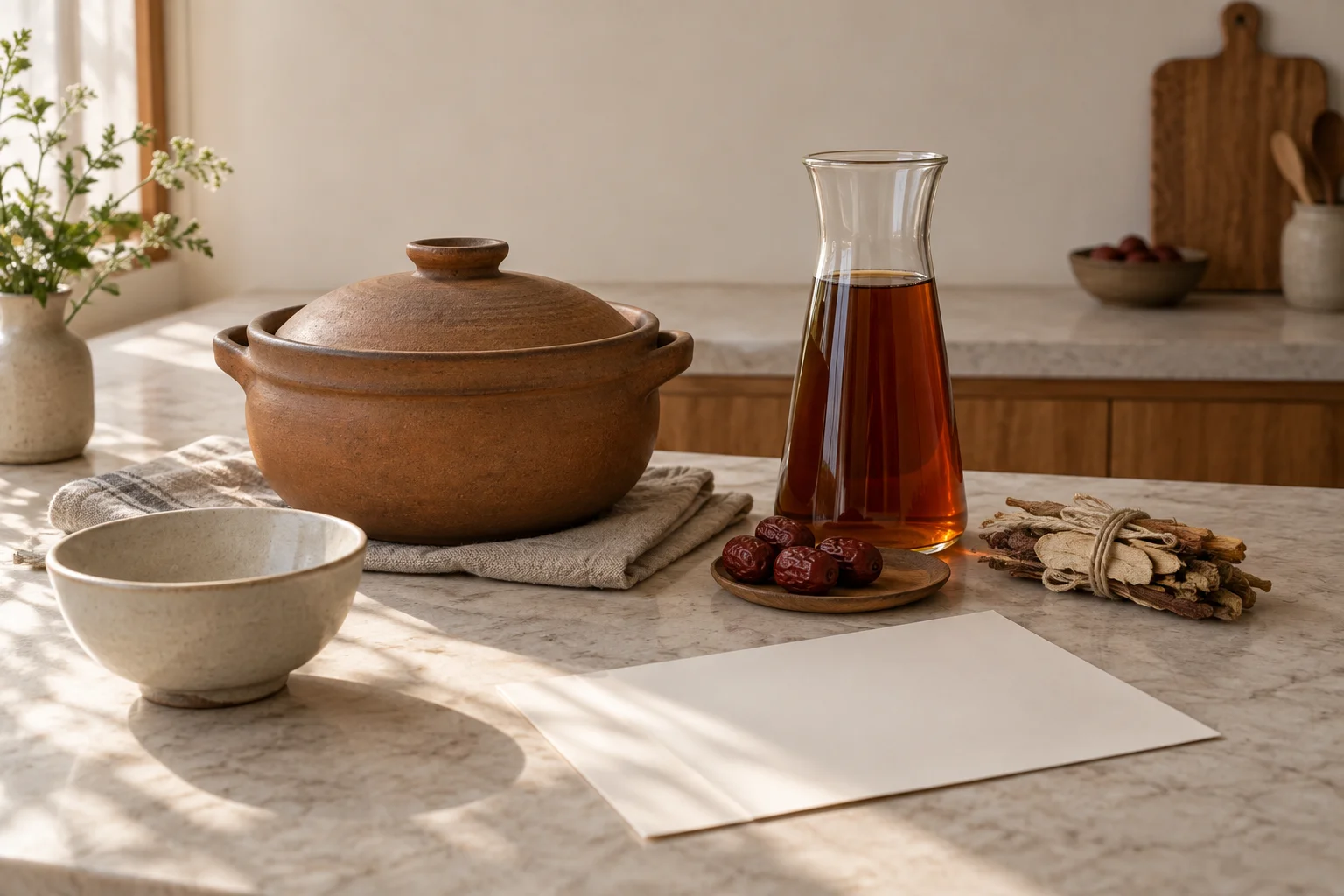 Illustrative confinement kitchen bench: a clay pot of soup, a flask of red date tea, a bundle of dried herbs and a blank day sheet