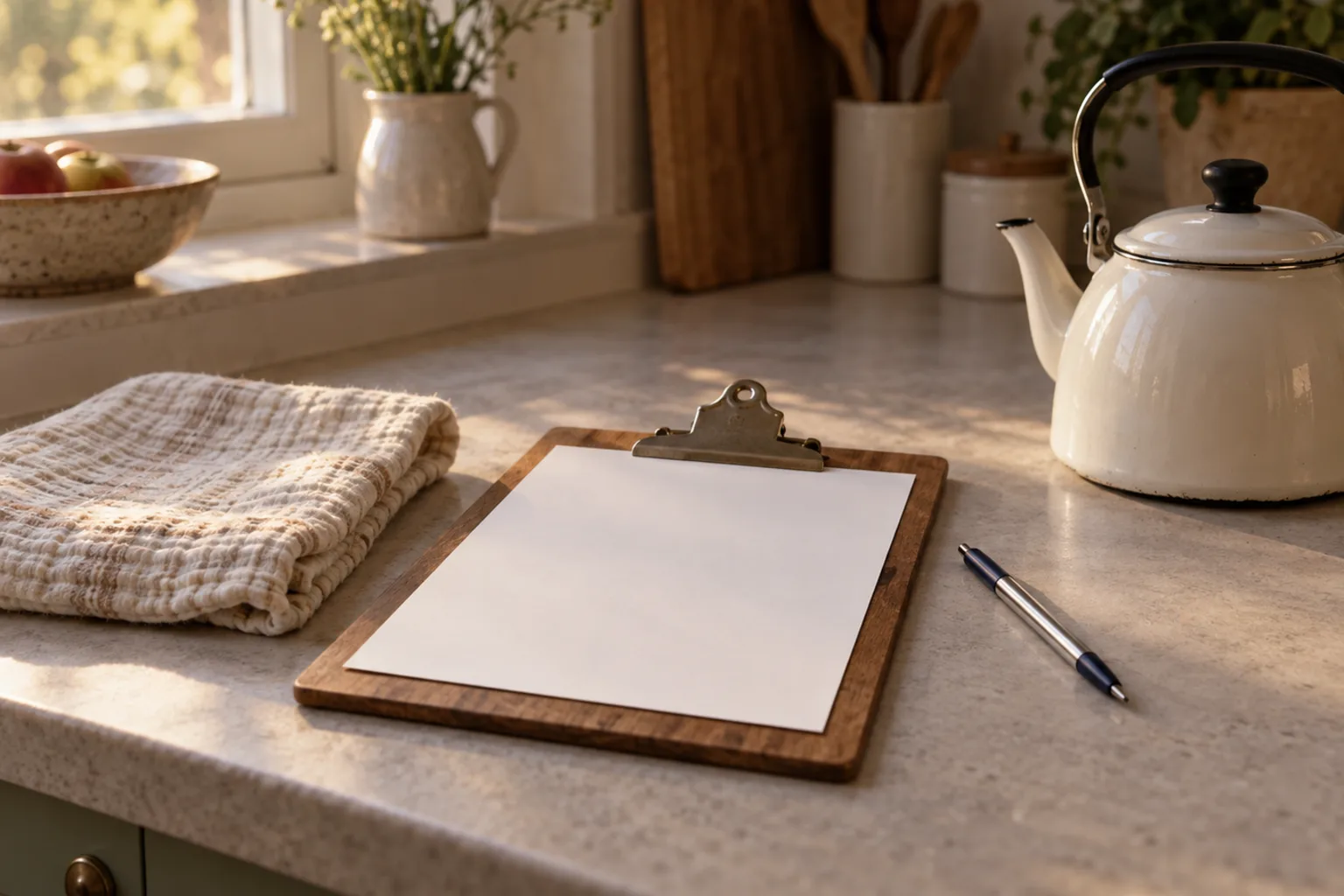 Illustrative end-of-day kitchen scene: a wooden clipboard with a blank sheet, a pen, a folded muslin square and an enamel kettle