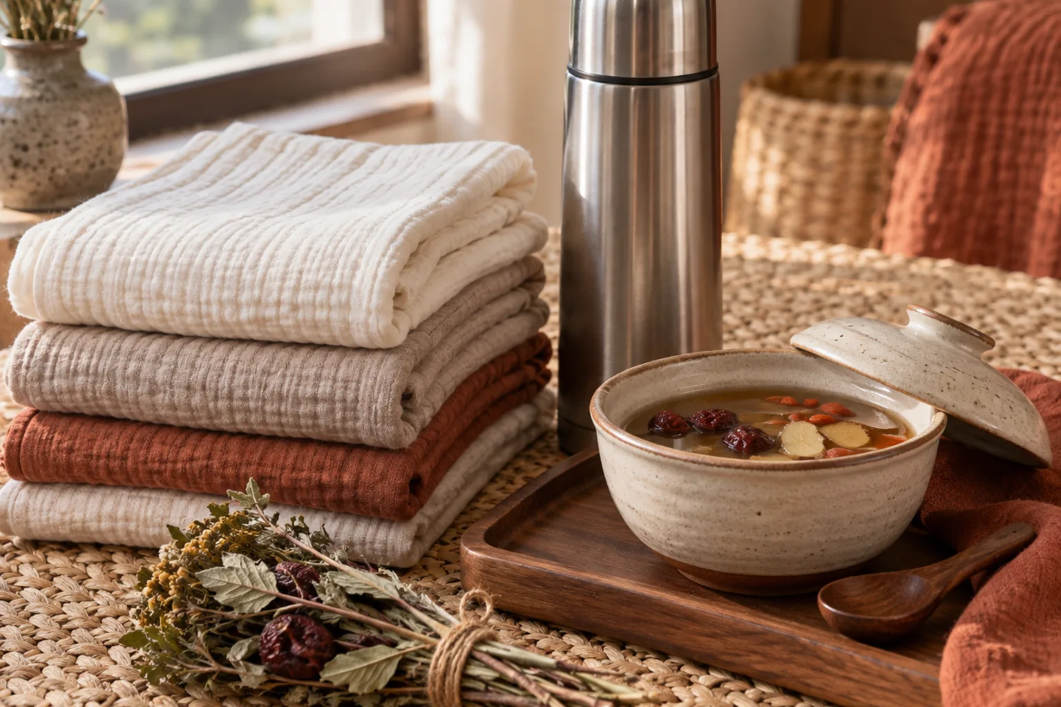 Illustrative prepared postnatal care set on a woven mat: folded muslin swaddles, a thermos flask, a covered bowl of soup and a bundle of dried herbs