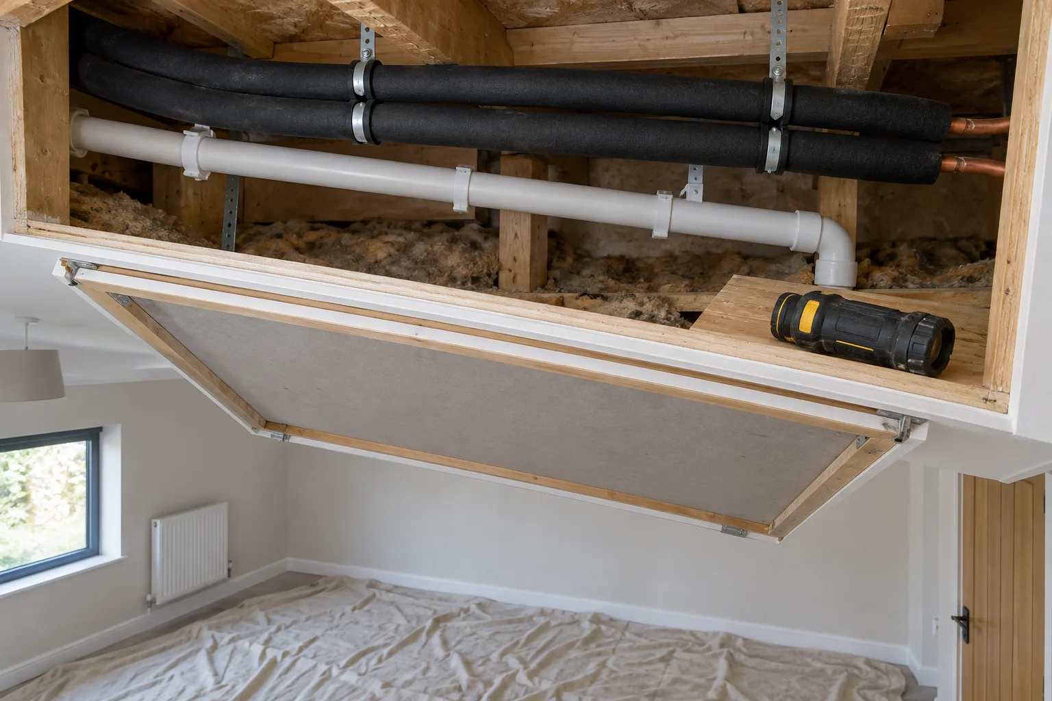 Illustrative opened false-ceiling void with insulated copper pipes and a drainage pipe running through it