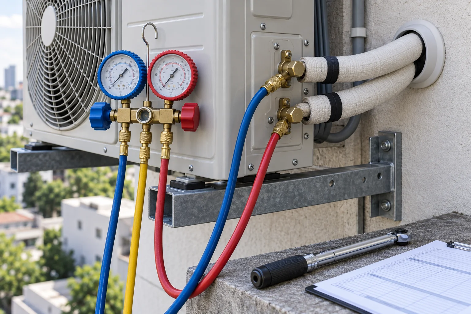 Illustrative commissioning: manifold gauges connected to an outdoor unit with insulated pipes entering a wall sleeve