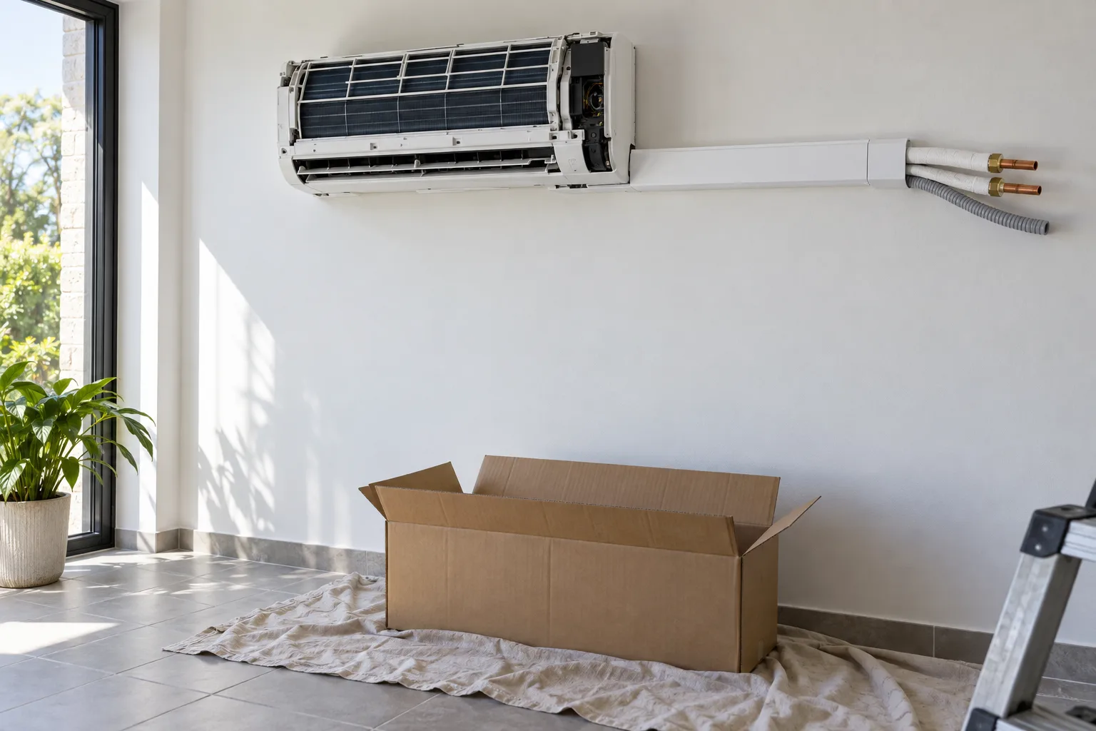 Illustrative newly mounted indoor unit with trunking and pipe ends before the front panel is fitted