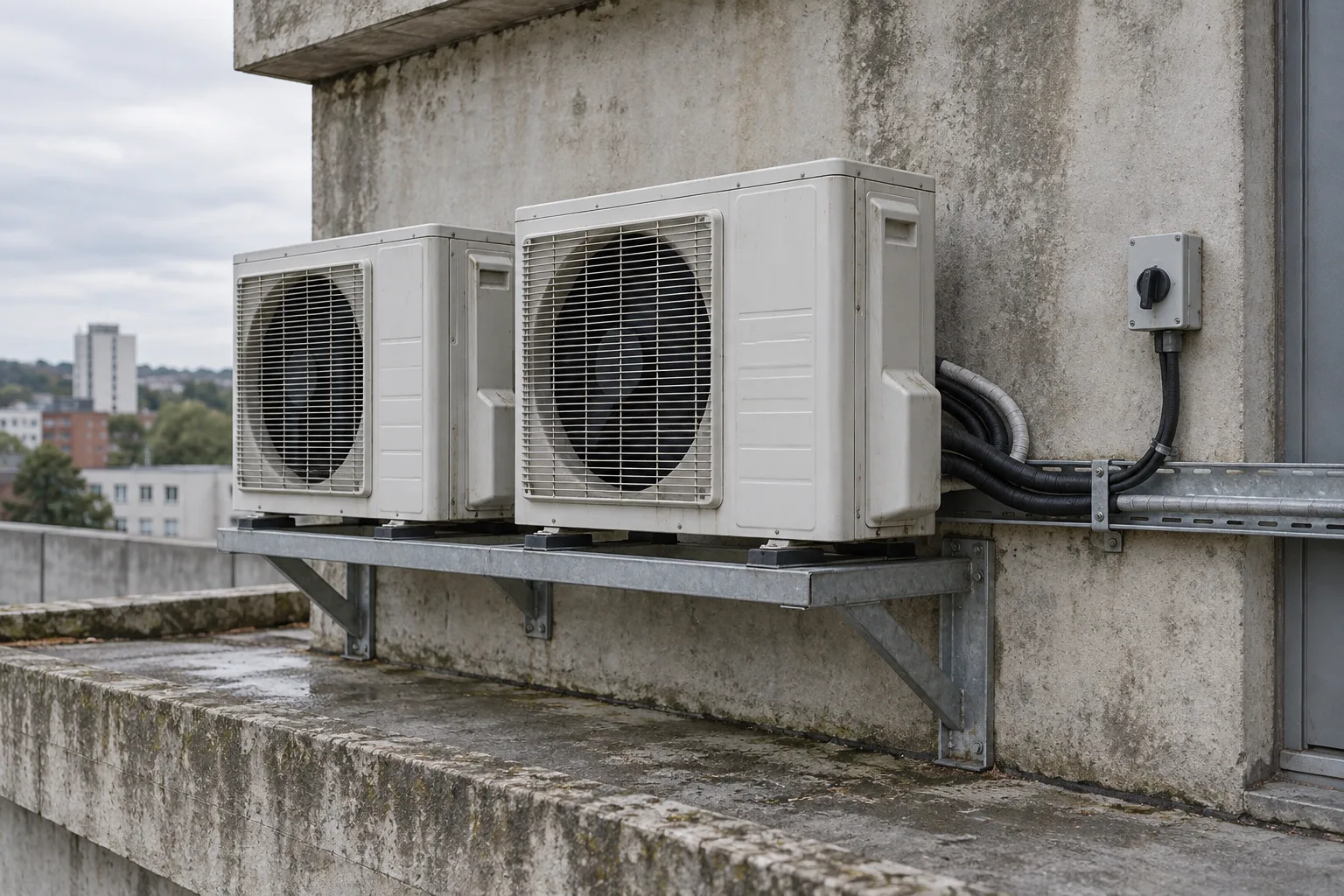 Illustrative two outdoor condenser units on a bracket with pipework in a tray and an isolator box beside them