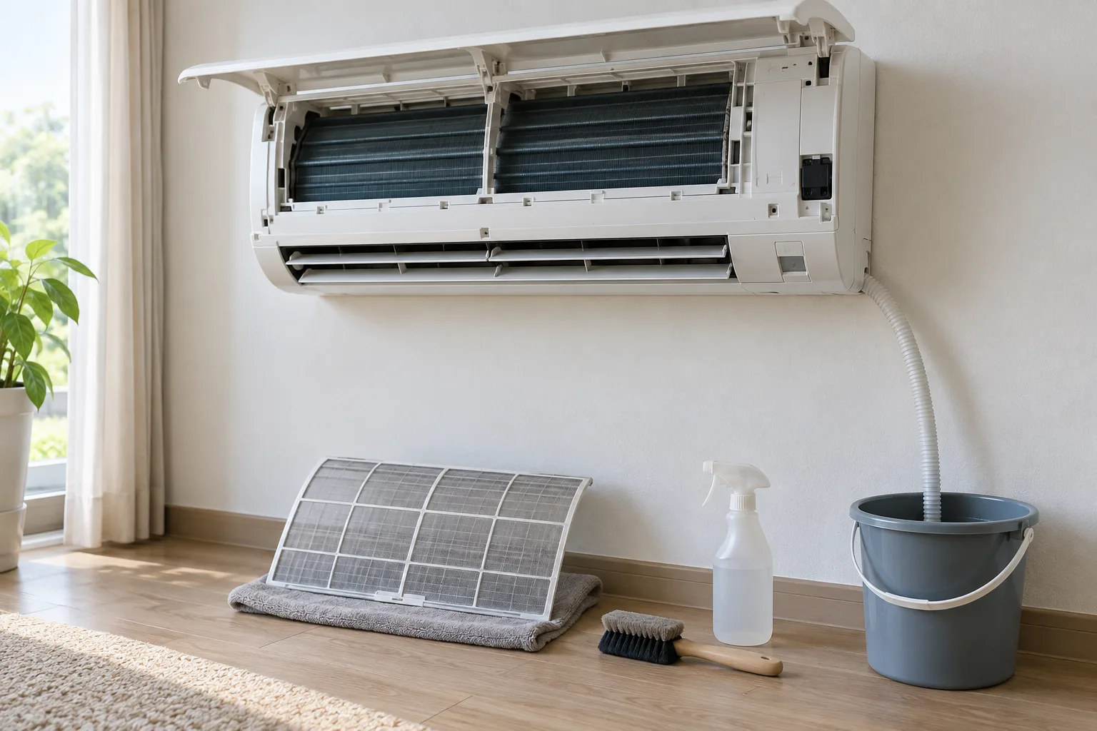 Illustrative indoor air-conditioning unit with its panel open, the mesh filter lifted out, and cleaning tools on a cloth below