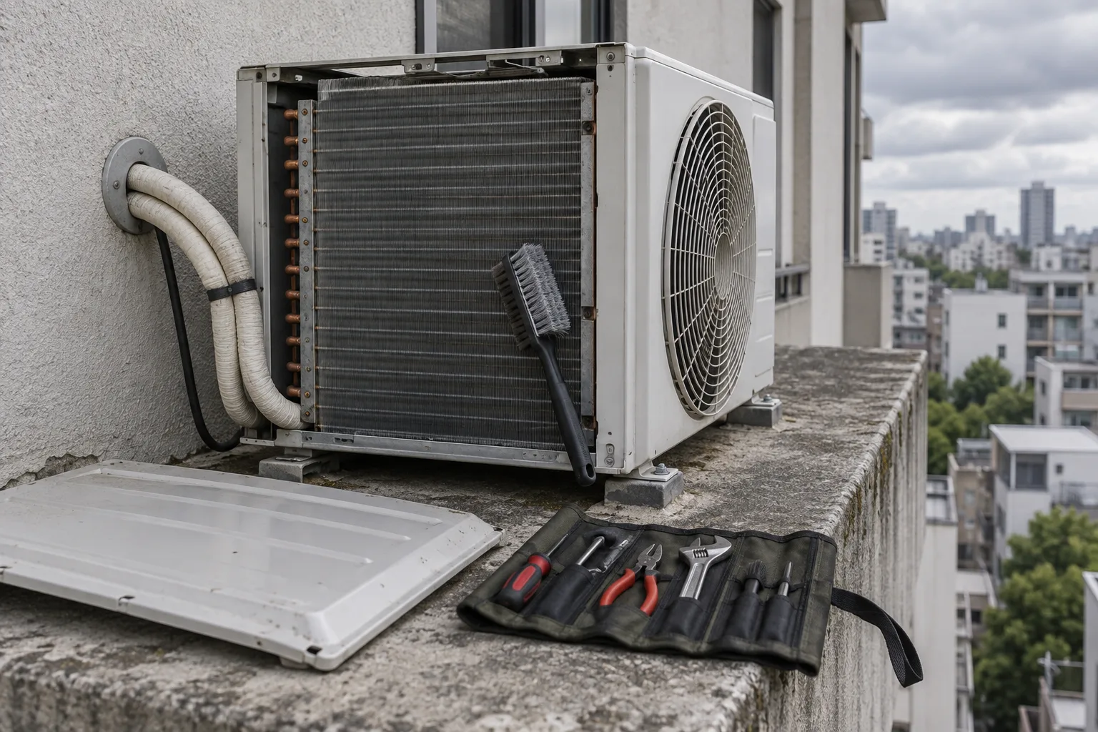 Illustrative outdoor condenser on a service ledge with the cover off, the finned coil exposed and a coil brush resting against it