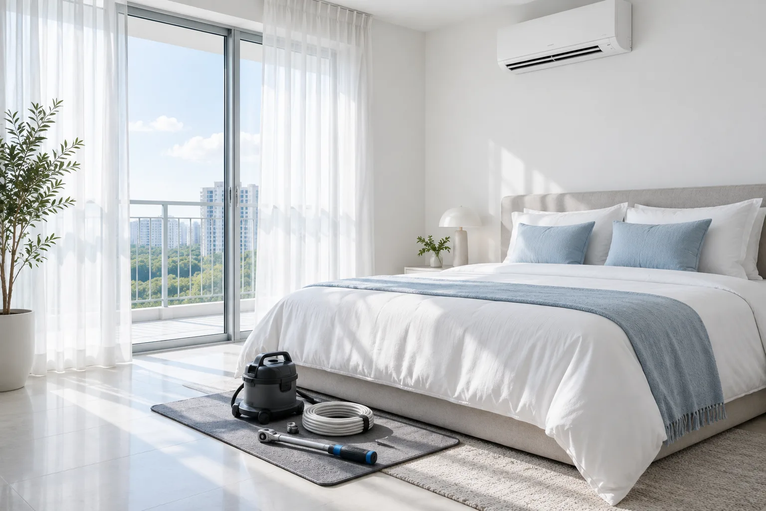Illustrative living space with a domestic split air conditioning unit