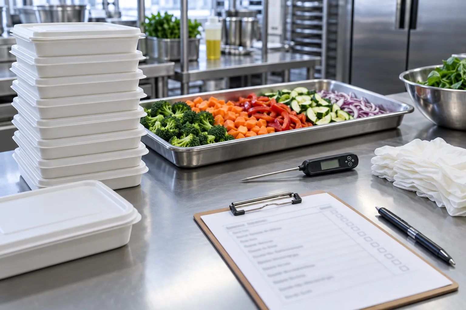 Illustrative sealed takeaway meal boxes being laid out on a stainless kitchen pass