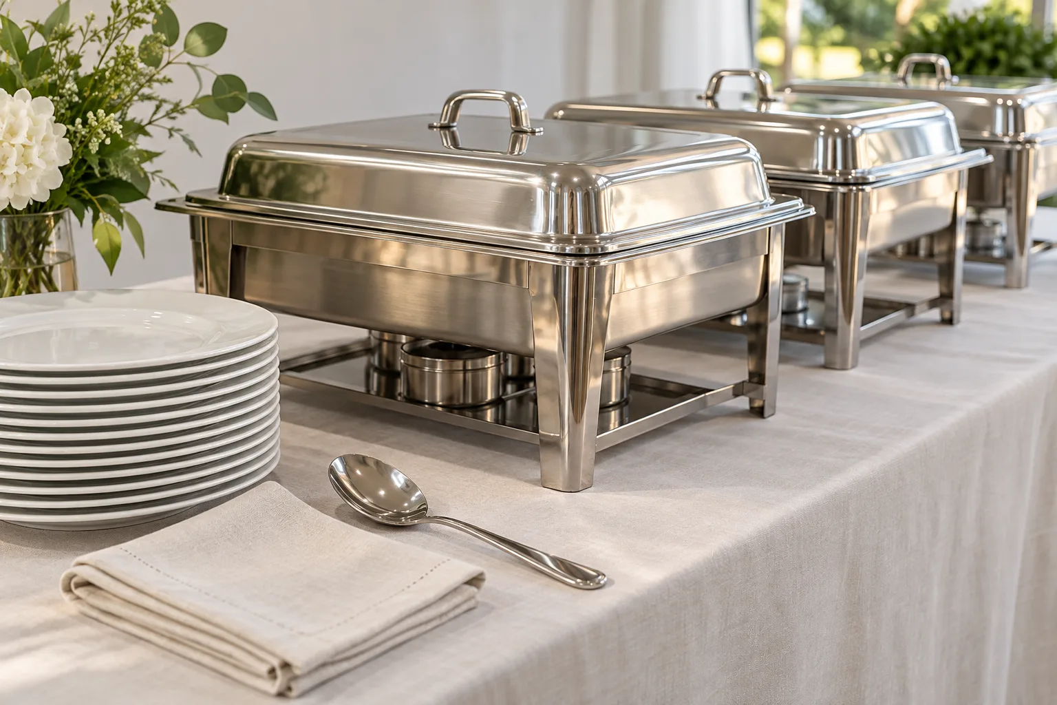 Illustrative chafing dishes and stacked plates on a buffeted banqueting table
