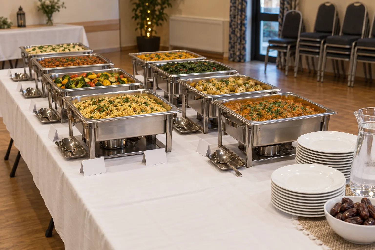 Illustrative buffet line of separate chafing trays each with its own serving spoon and blank dish cards