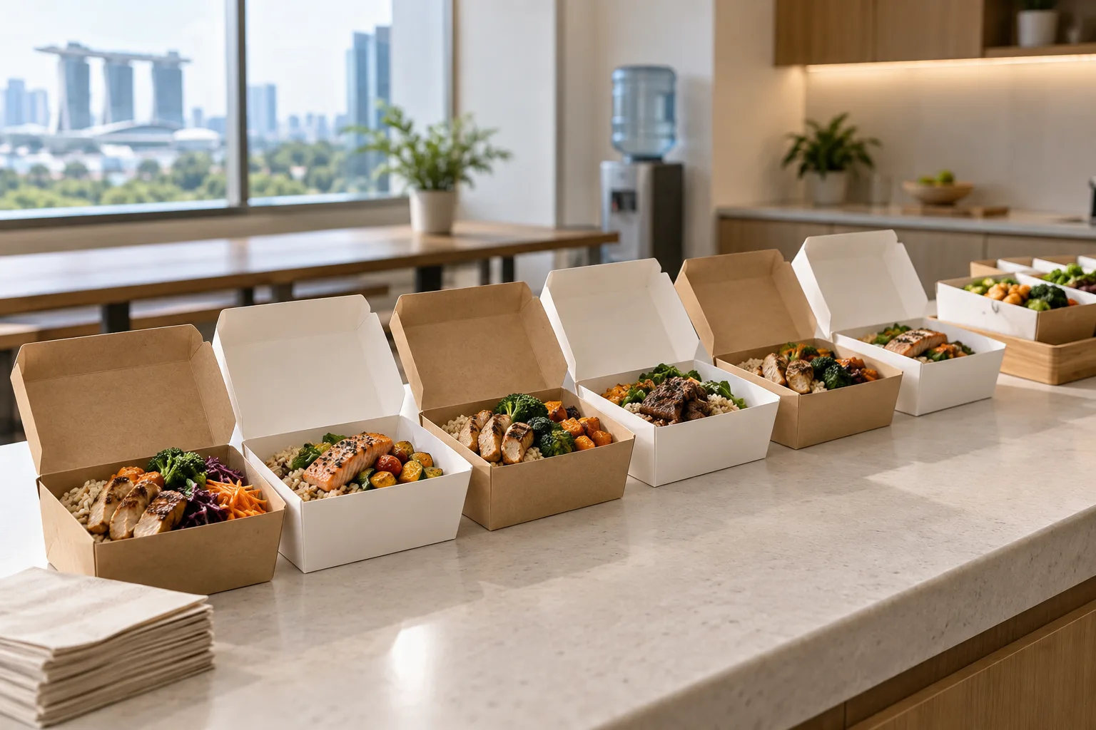 Illustrative labelled takeaway lunch boxes set out in a row on an office pantry counter