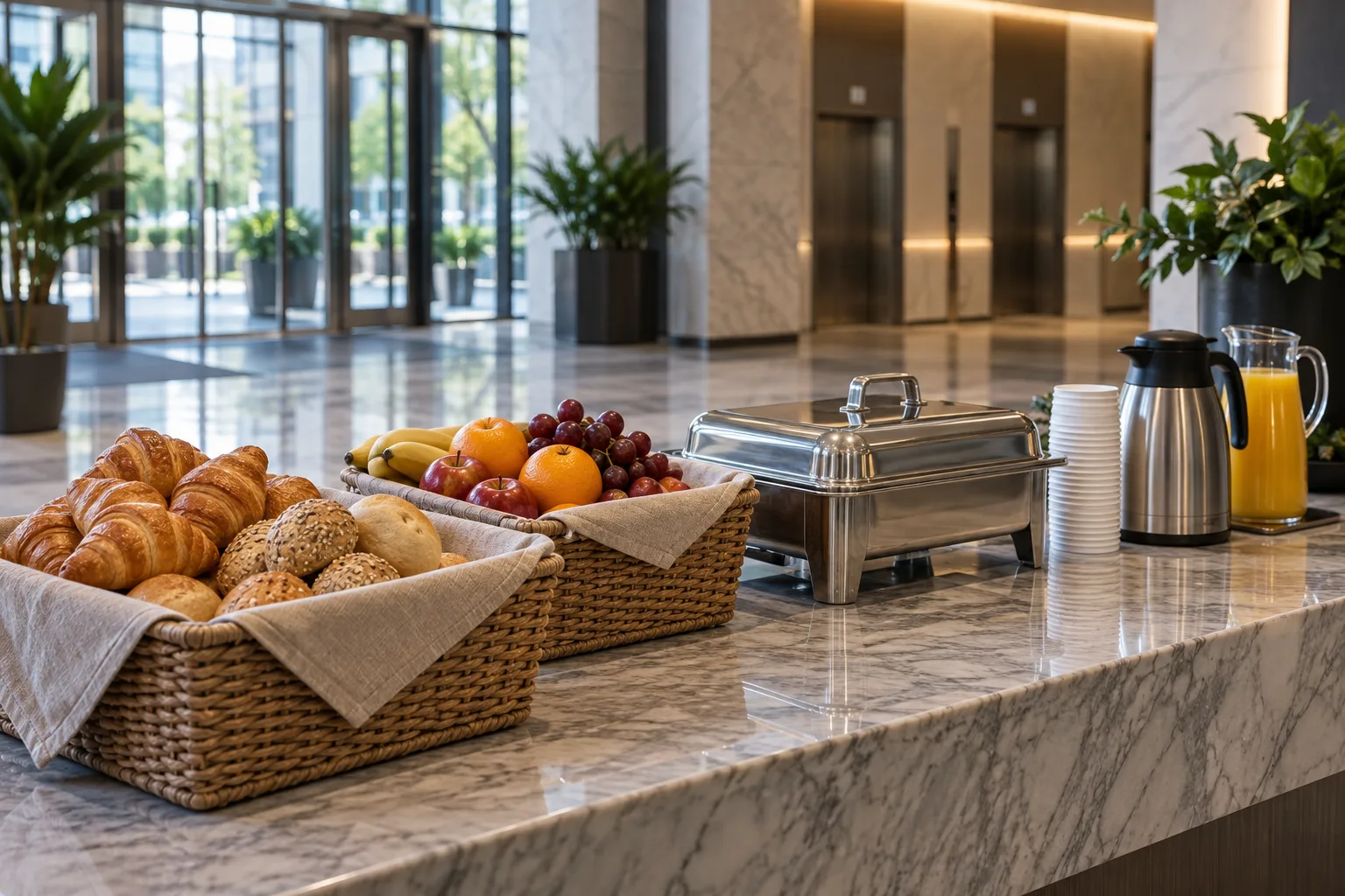 Illustrative breakfast baskets, a hot-holding tray and coffee set up on an office lobby counter