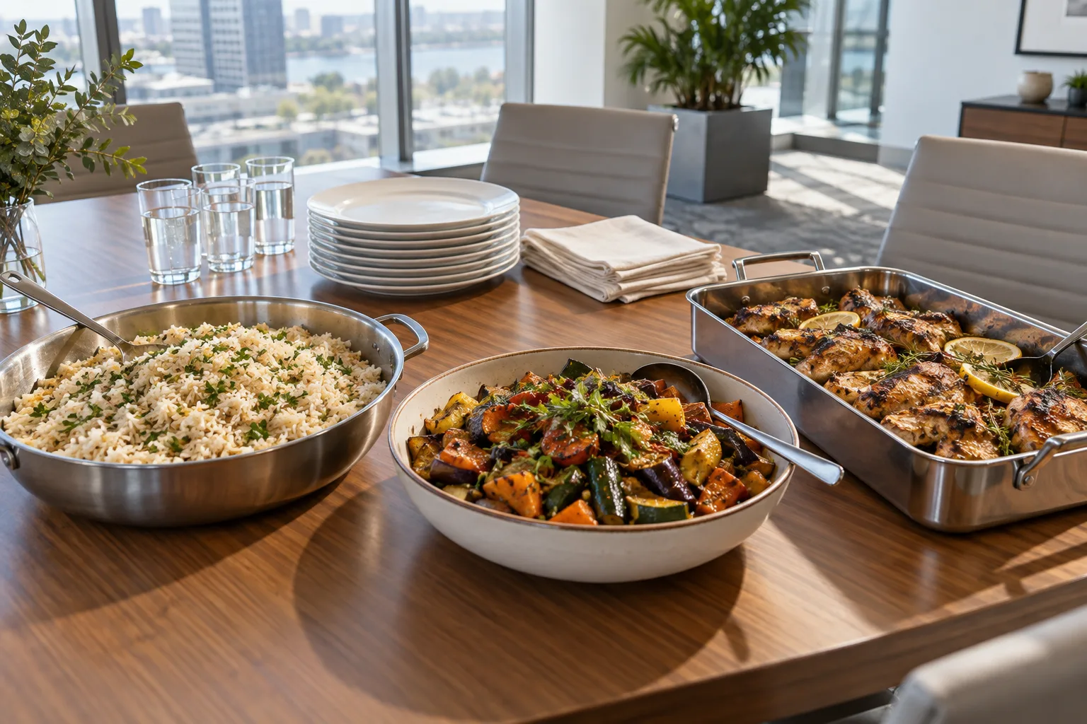 Illustrative shared serving trays of rice, vegetables and grilled chicken on a meeting-room table