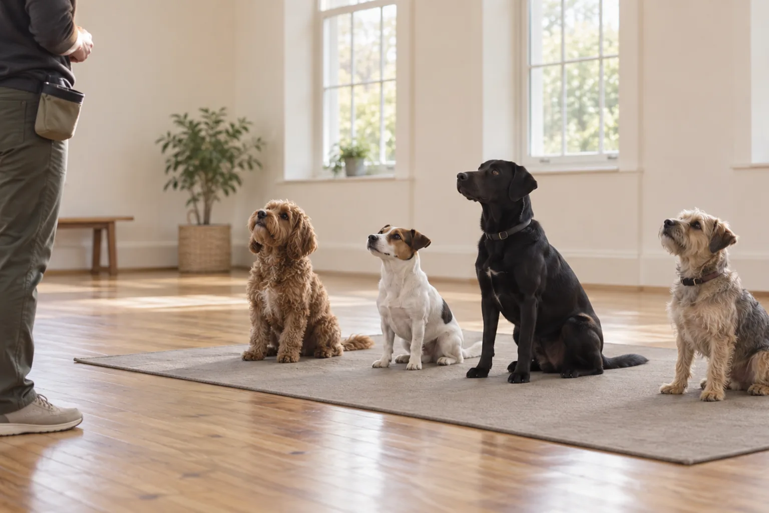 Illustrative dog training class: four dogs sitting on a mat in a bright hall with the trainer standing to one side