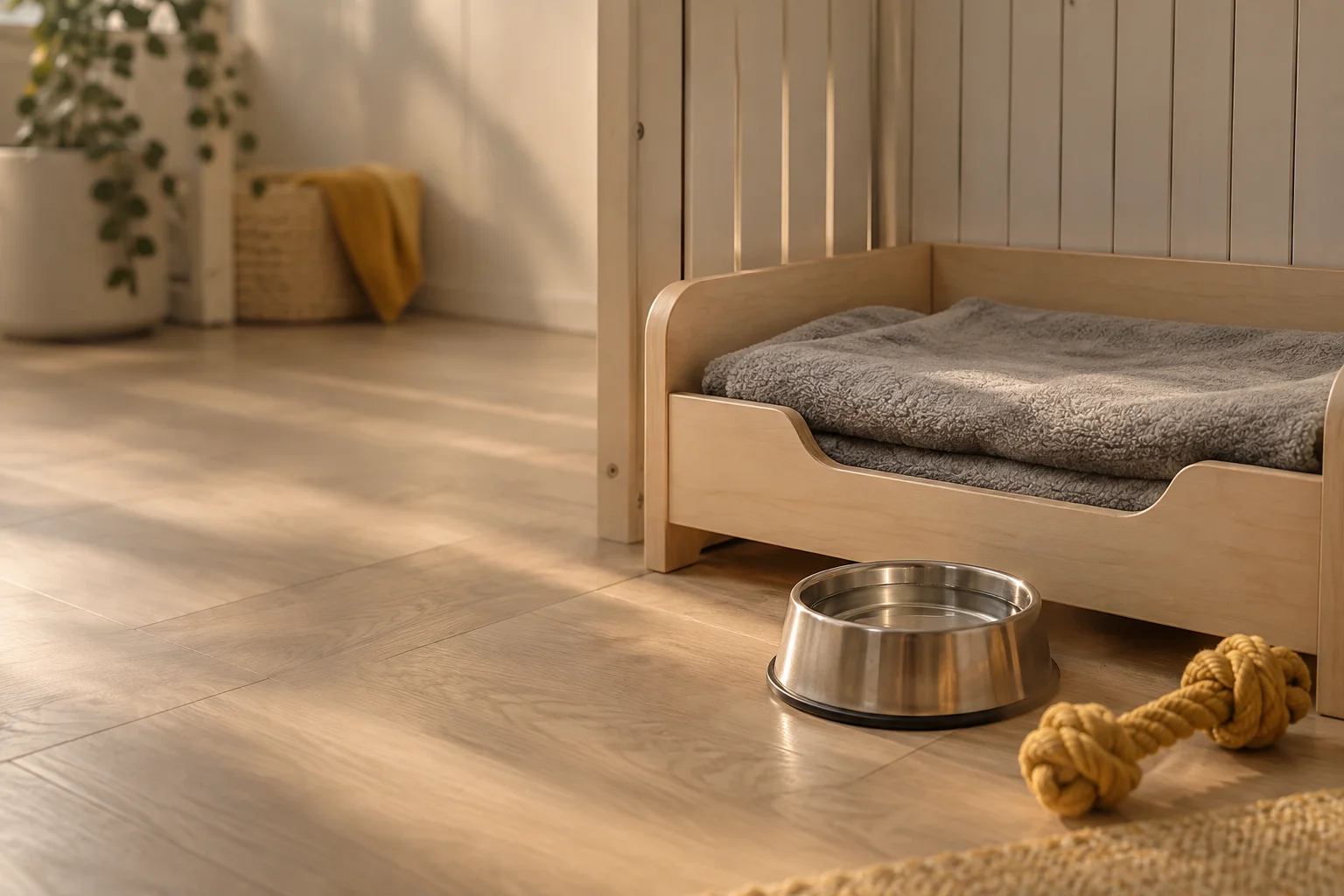 Illustrative daycare room detail: a rest pen with a folded blanket, a steel water bowl and a rope toy on a pale floor
