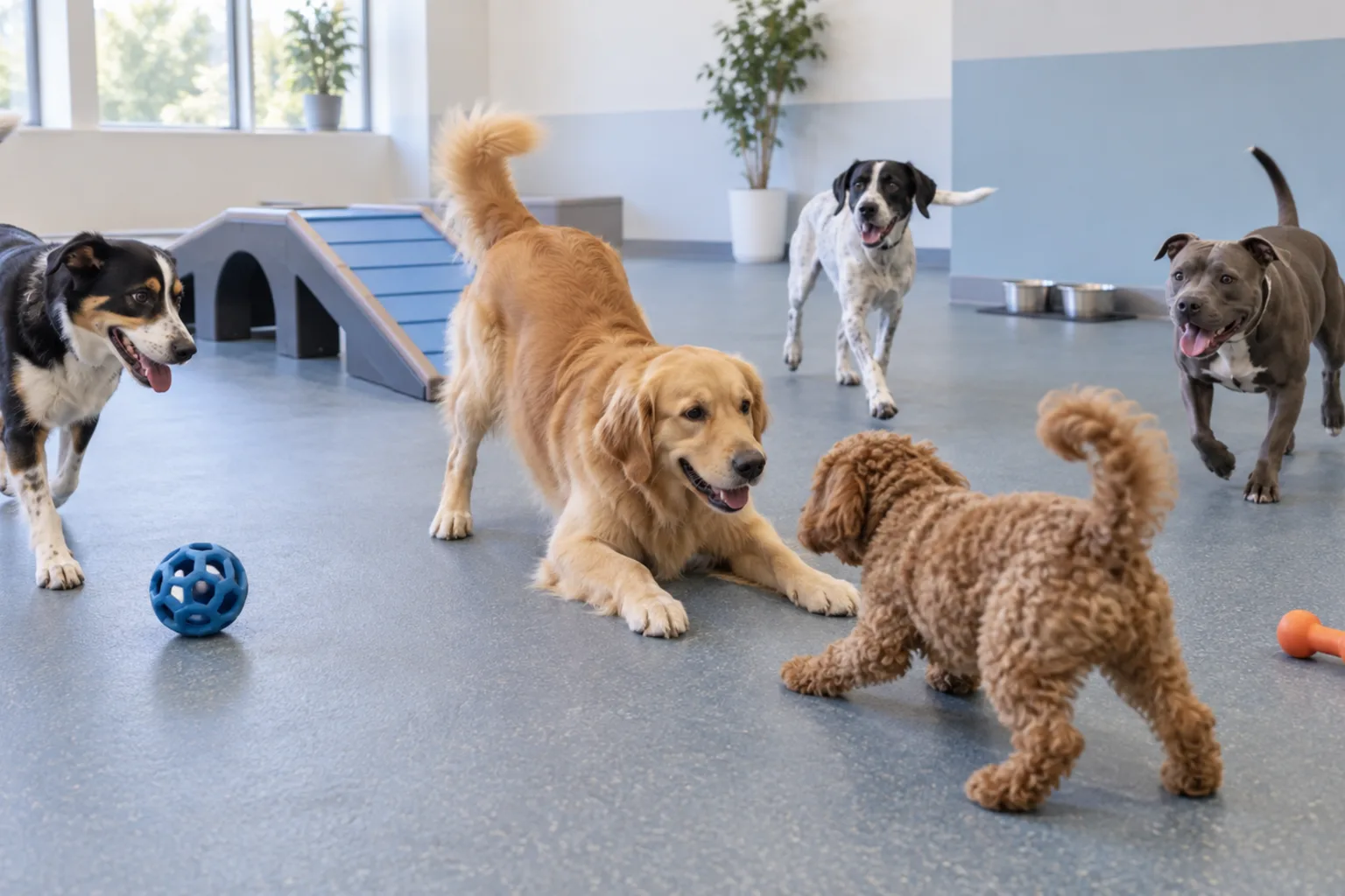 Illustrative dog day-care play room: several dogs playing on a soft floor with a low ramp, rubber toys and two water bowls