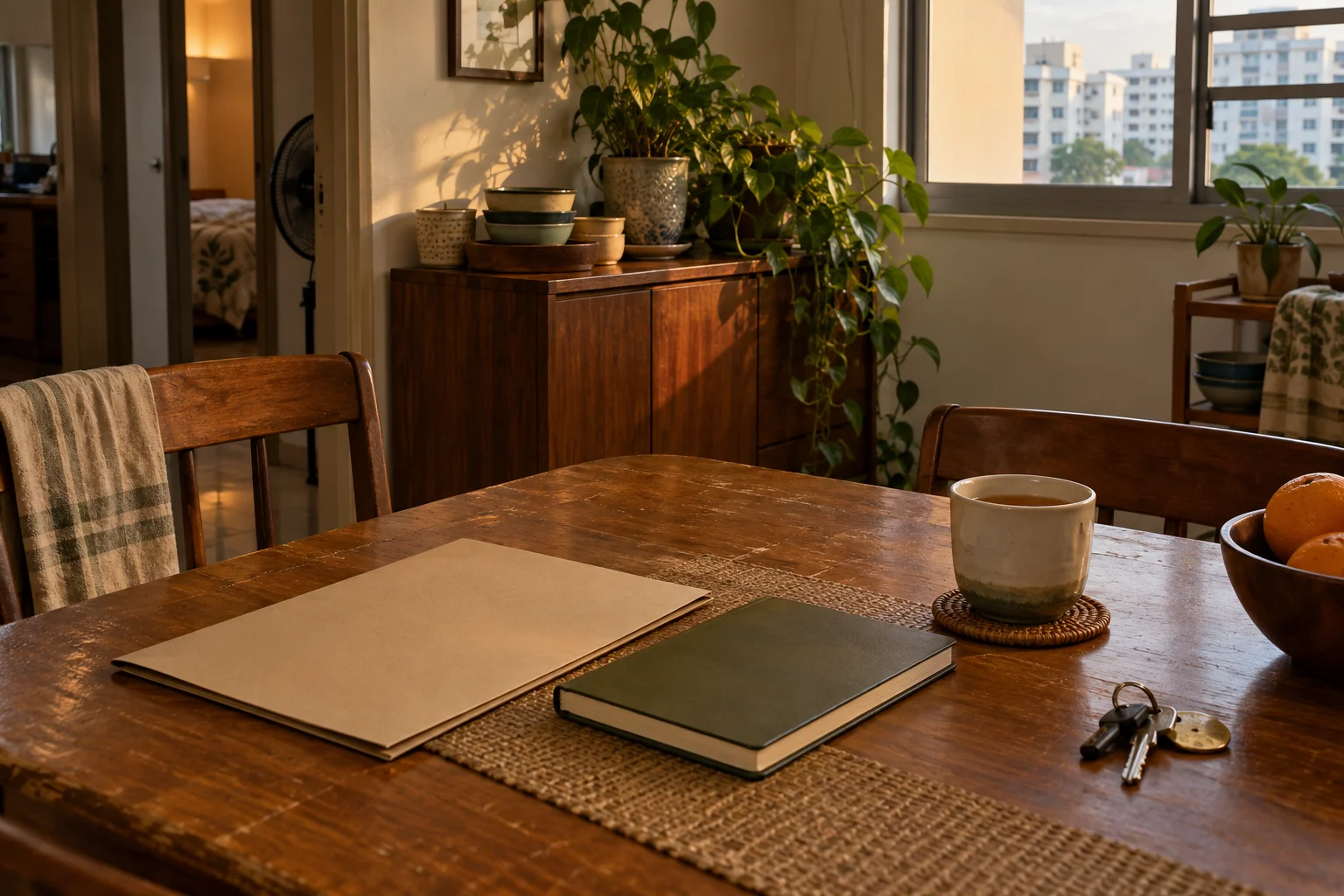 Illustrative dining table in an ordinary family flat with a plain unmarked folder, a closed notebook, a cup of tea and a set of keys on a ring