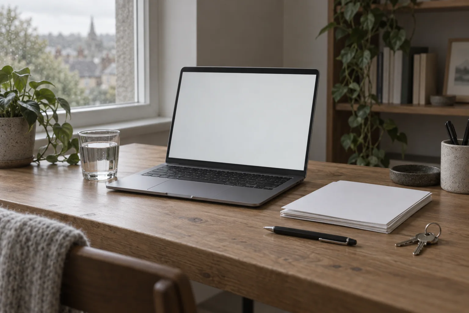 Illustrative home desk beside a window with an open laptop showing a blank screen, a neat stack of blank papers, a pen, a tumbler and a bunch of house keys
