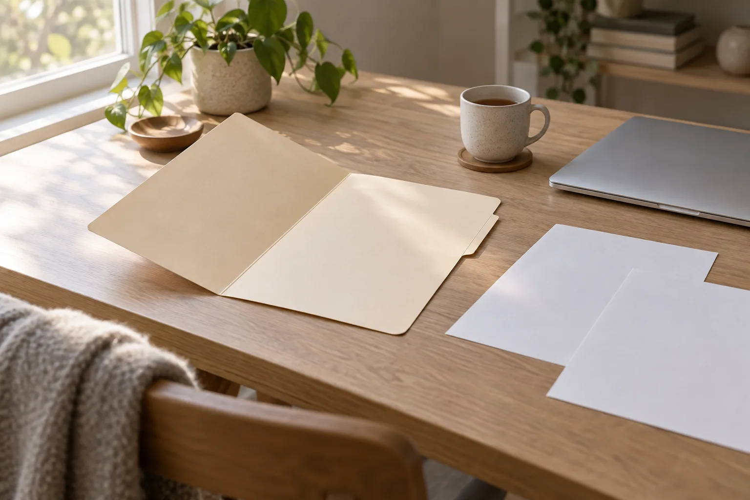 Illustrative blank manila folder open on a light oak table beside two face-down printed sheets and a cup of tea in morning daylight