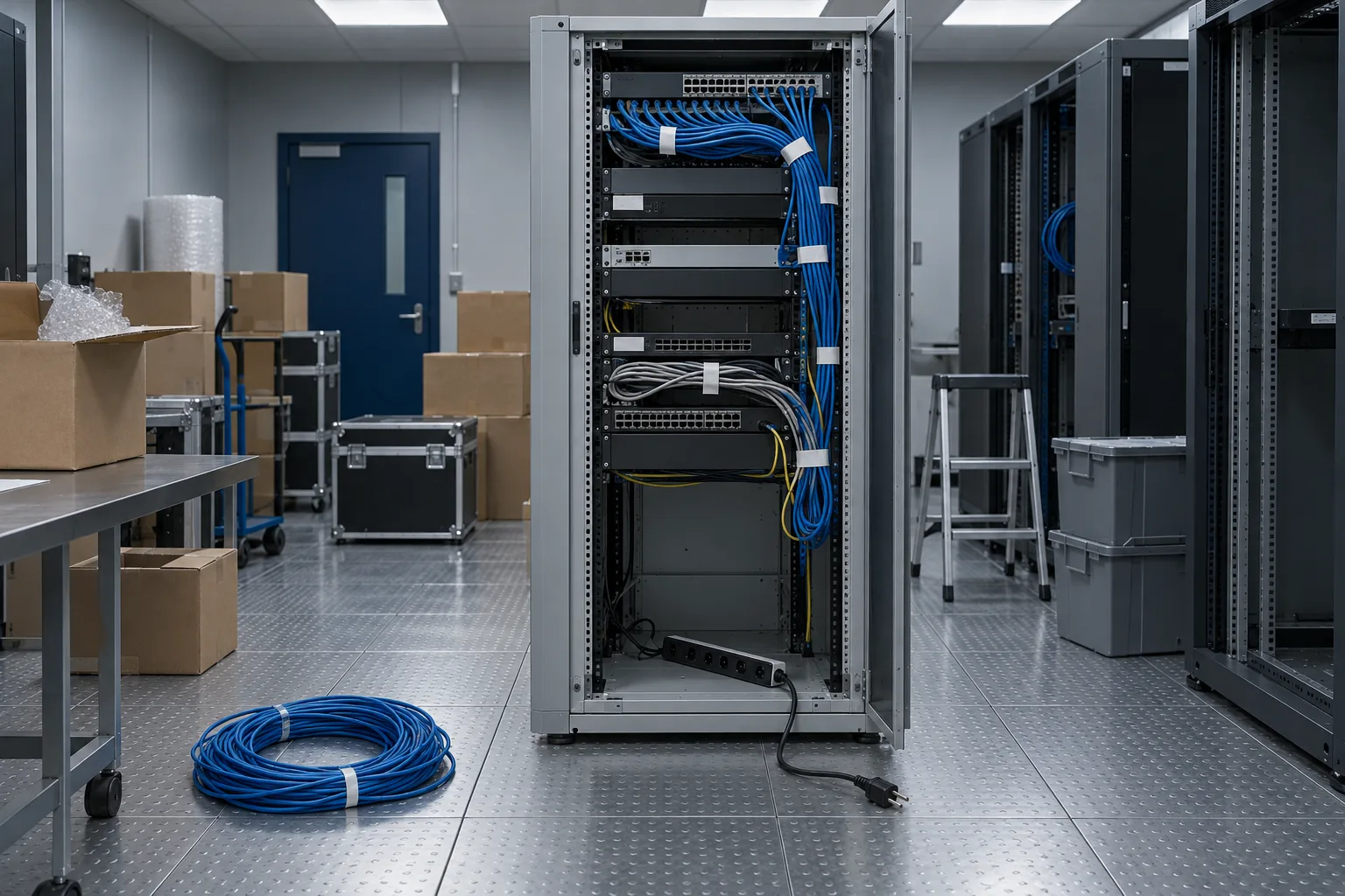 Illustrative grey comms rack with coiled tape-labelled patch cables and a rolled network cable on a raised floor mid-decommission