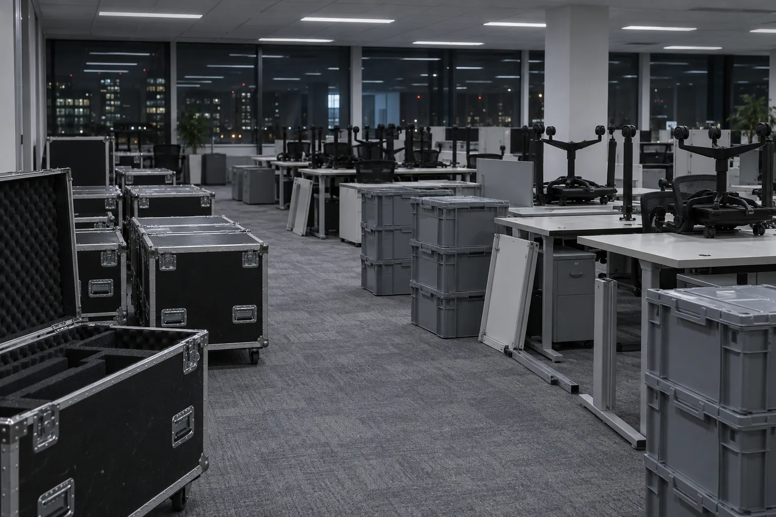Illustrative foam-lined cases and grey crates in rows beside dismantled desks on an emptied office floor at night